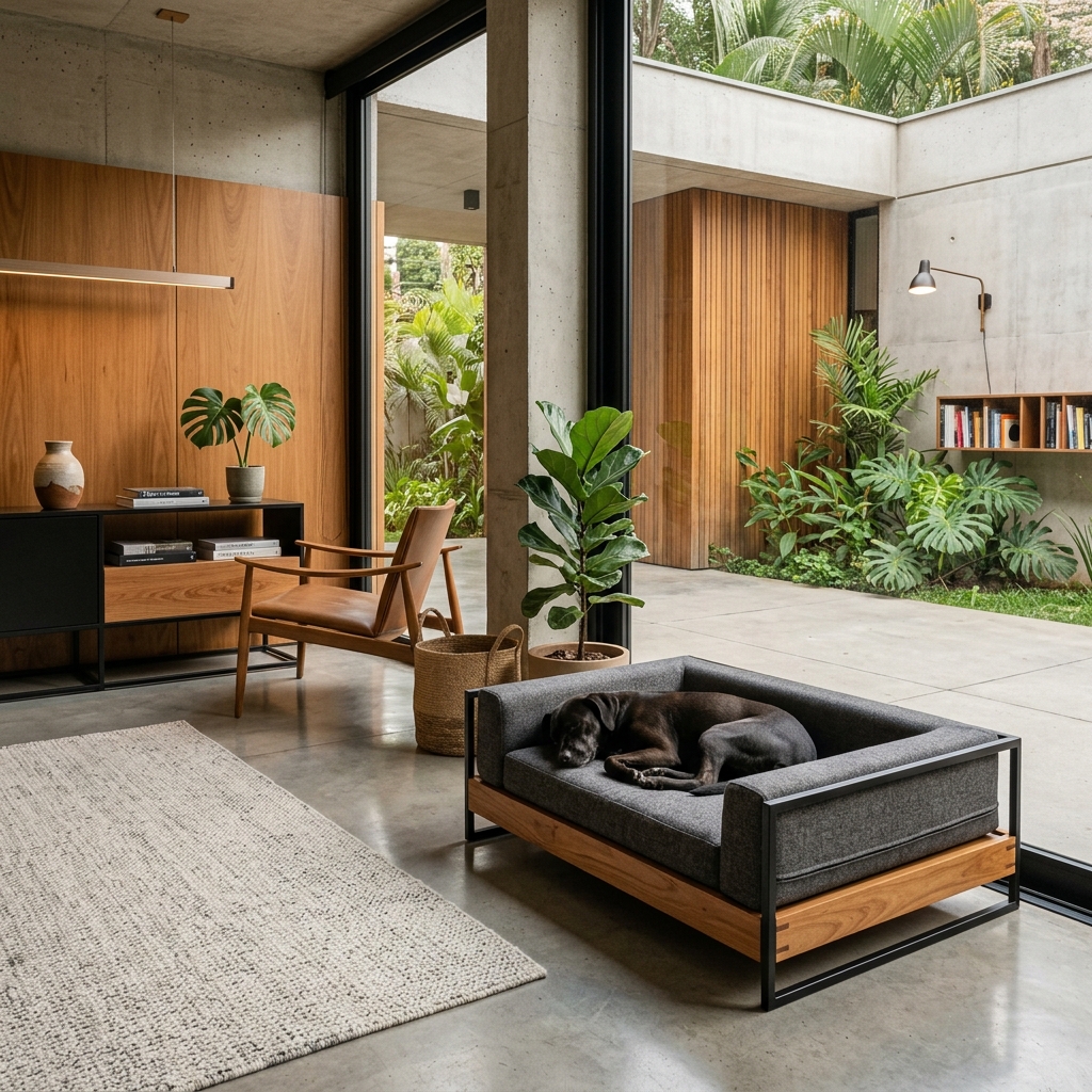 Cama pet design em madeira e aço — Mobiliário pet autoral — SINGUNA Goiânia